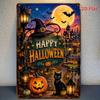1pc Halloween Tin Sign, Black Cat Pumpkin Witch Hat Metal Wall Decor for Yard Front Door, Spooky Home Plaque
