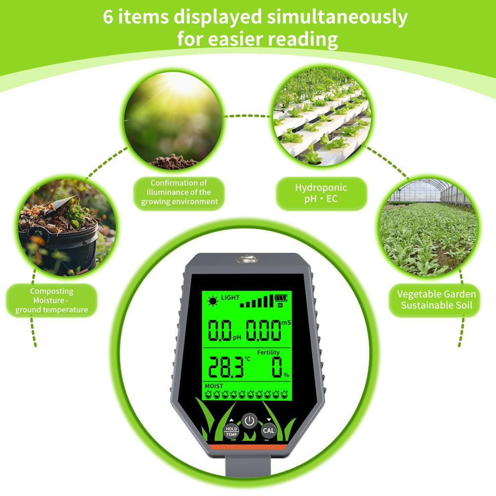 6 In 1 Soil Tester LCD Display pH EC Moisture Fertility Sunlight Temperature Meter with Backlight for Garden Lawn Farm Potted Plants