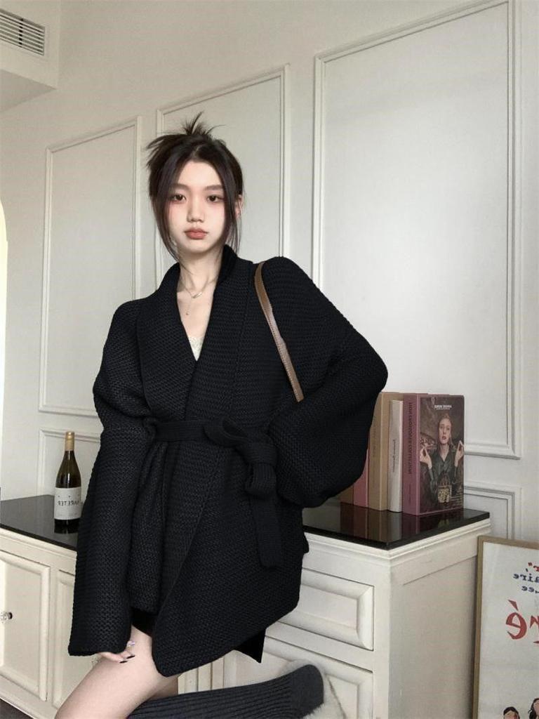 Women's Plus Size French Collar Cardigan Coat - Spring/Autumn Knitted Waist-Tie Top
