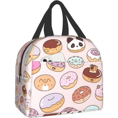 Kawaii Donuts Insulated Lunch Bag Reusable Lunch Box for Girls Cooler Lunch Tote Bag with Front Pocket for School Picnic Office