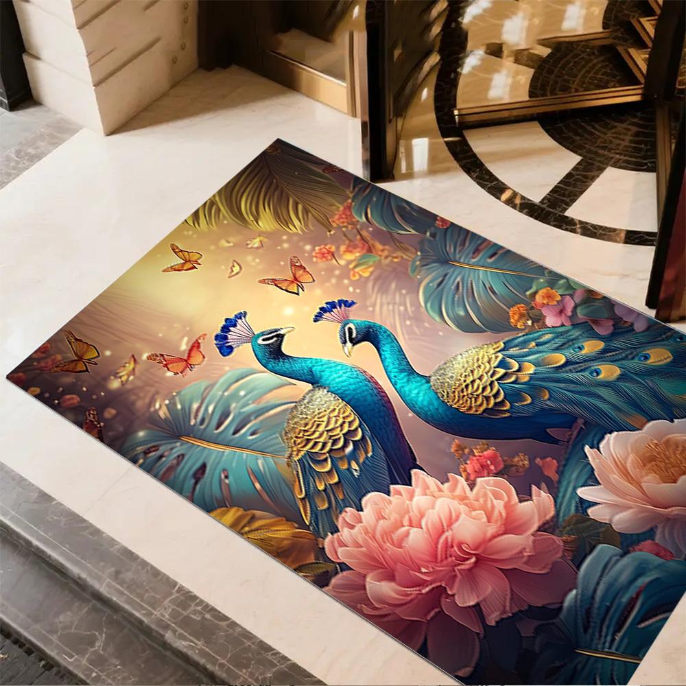 1pc Home Carpet Peacock and Flowers Non-Slip Design for Office Decor Living Room Bedroom Gift