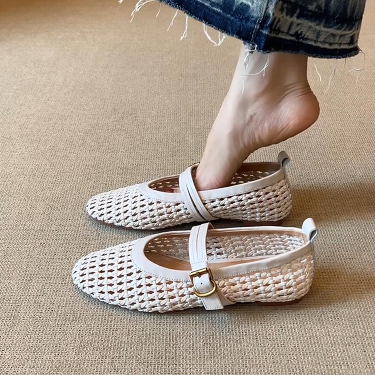 

Sheepskin version~ versatile French woven mesh one-word buckle single shoes women s shallow mouth round head flat bottom comfortable Mary Jane shoes 35
