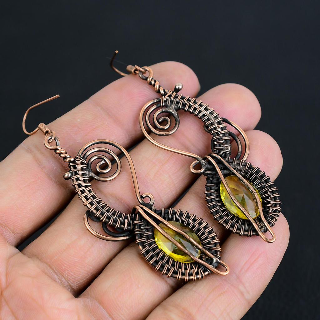 Citrine Earrings, 999 Copper Wire Wrapped Gemstone Jewelry, Handmade Earrings, For Thanksgiving
