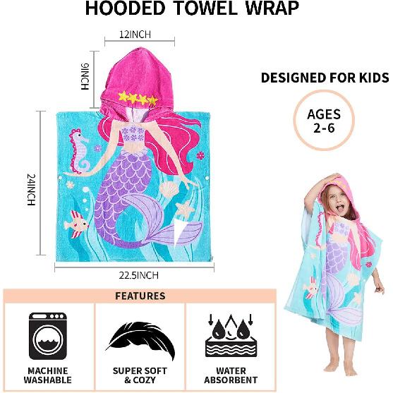 100% Cotton Hooded Towel for Toddlers 2-6 Years Boys Girls Kids Bath Pool Beach Towel Soft Absorbent Beach Poncho Little Mermaid