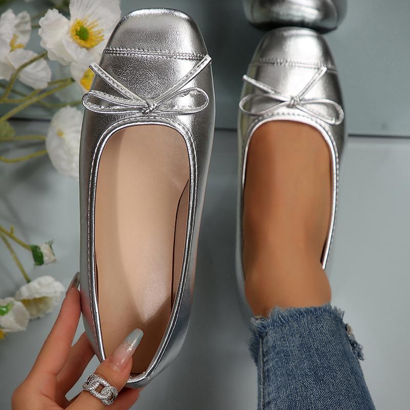 Bowie Decor Silver Ballet Flats Women Spring Square Toe Loafers for Woman 43 Comfort Soft Sole Casual Shoes