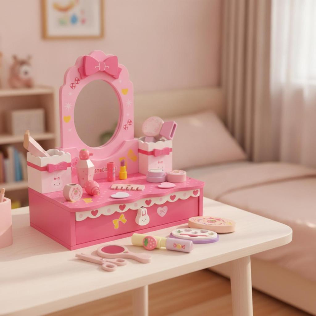 Toy Vanity with Mirror and Storage Drawer Tabletop Pretend Play Set