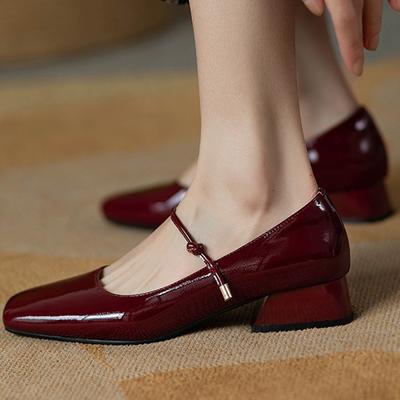 Spring Red Patent Leather Square Head Light Mouth Thick Low Heel Retro Word with Mary Jane Single Shoes