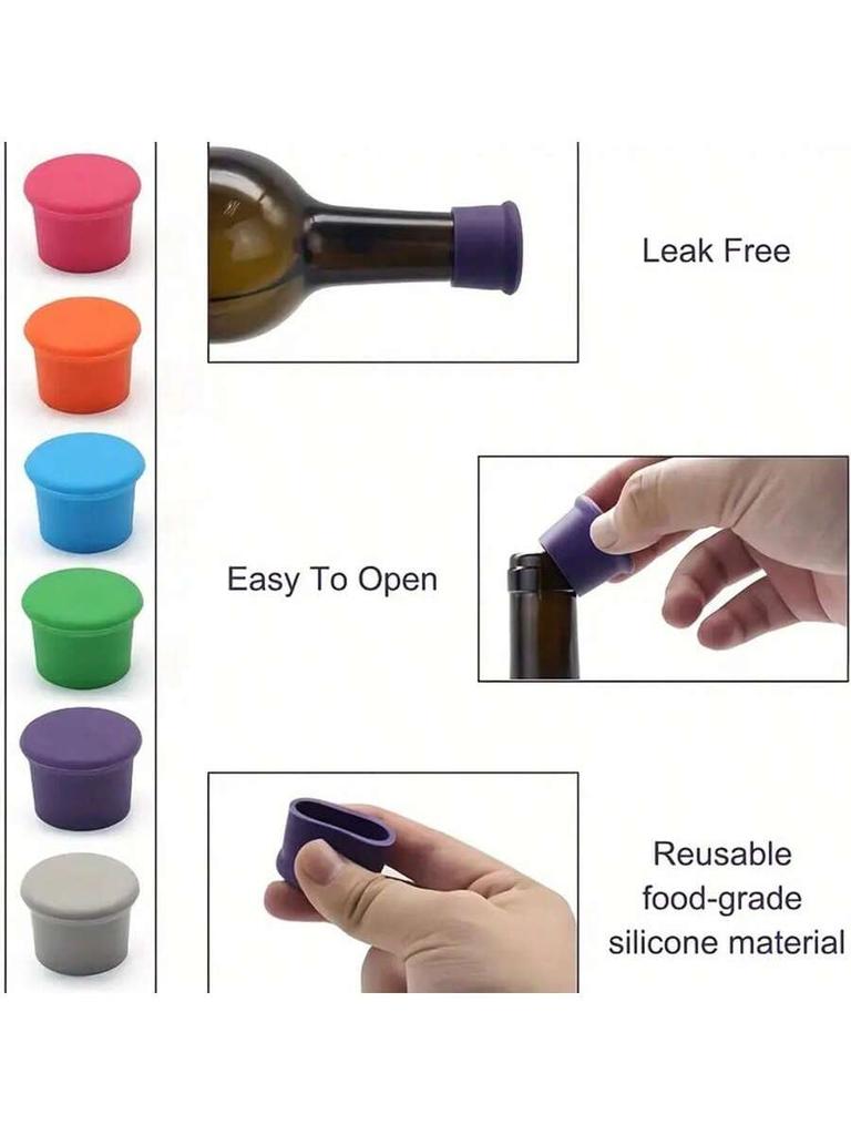 6pcs Reusable Silicone Wine Stoppers, Beer Bottle Caps, Wine Preservers, Easy To Clean, Non-Leak Wine Bottle Seal Accessories
