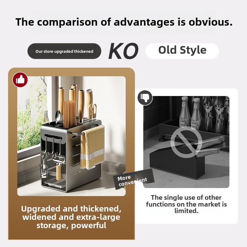 Kitchen Wall Mount Knife Holder Organizer Rack with Chopstick Storage and Dish Drying Tray, No Drilling Required