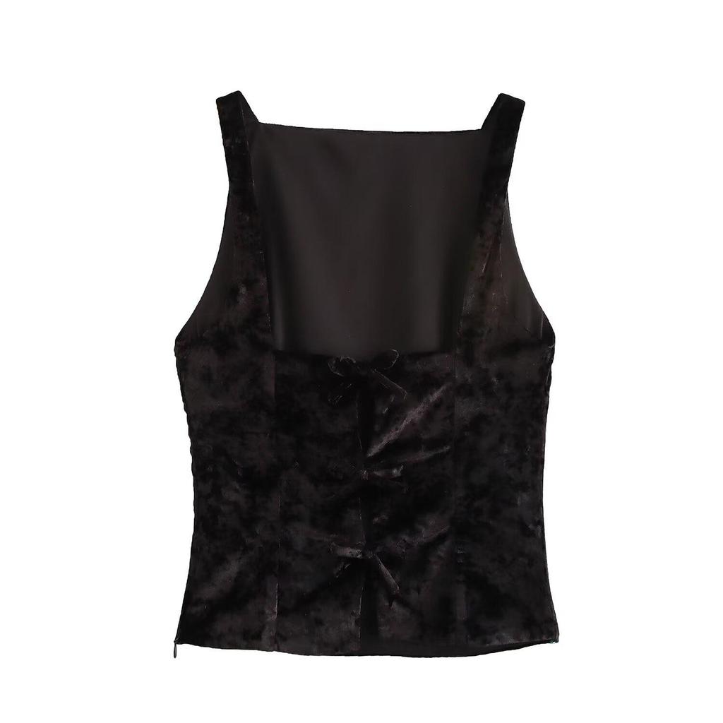Winter 2024 Pleated Velvet Halter Neck Backless Camisole - European & American Style