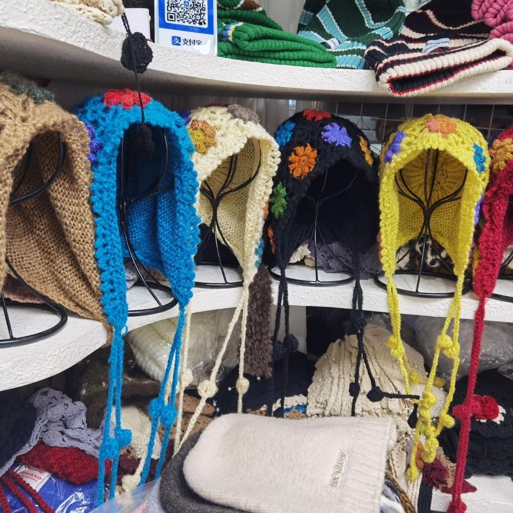 Women’s Hat Fall and Winternew Arrivalhandmade Crocheted Flower Tassel Knitting Cap for Women Ethnic Style Travel Double Layer Ear Protection Trendy
