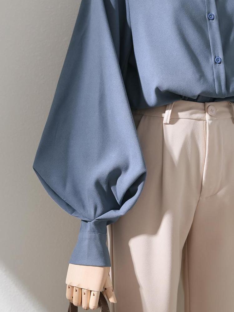 Dámské elegantní bílé černé volné halenky elegantní vintage s dlouhým rukávem a lucernou, kancelářské dámské univerzální design, elegantní dámské nové ležérní topy s výstřihem do O-neck