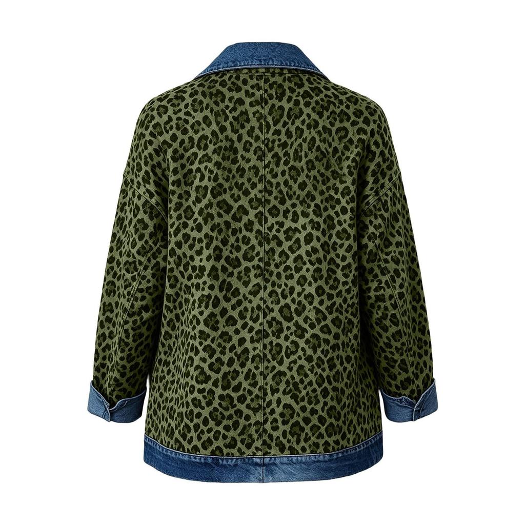 Women's Casual Real Denim Jacket with Leopard Print Patchwork Design for Daily Wear