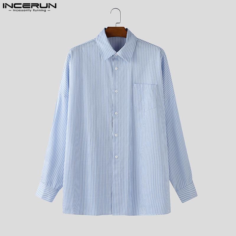 INCERUN Two Pieces Men Lapel Neck Long Sleeve Striped Shirt Long Wide Leg Pants Sets Outfits