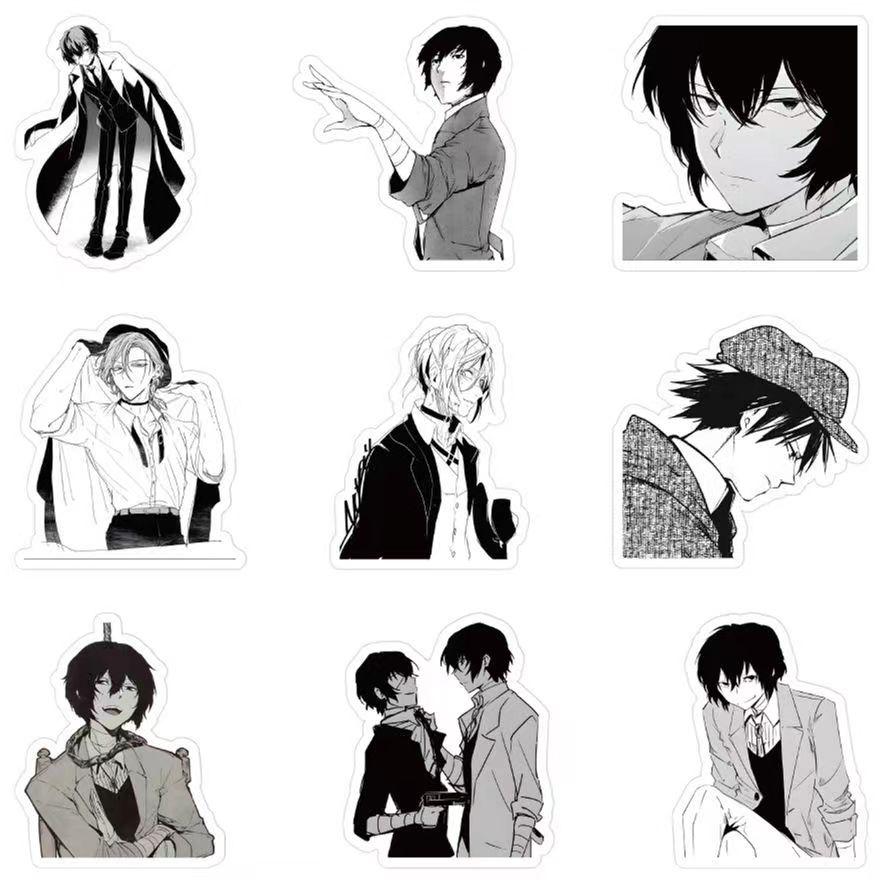 Bungo Stray Dogs svarta och vita klistermärken, 60 st (inte upprepas), vattentät och solskyddsmedel.