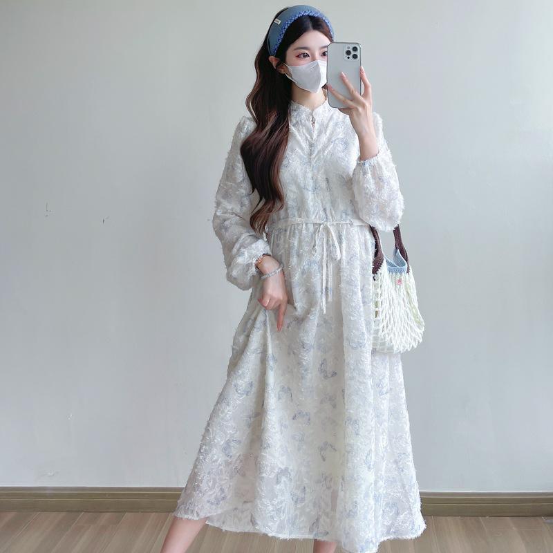 Hepburn Style Butterfly Jacquard Maternity Dress - High Quality, Long Sleeve, Early Spring 2026 Collection XL