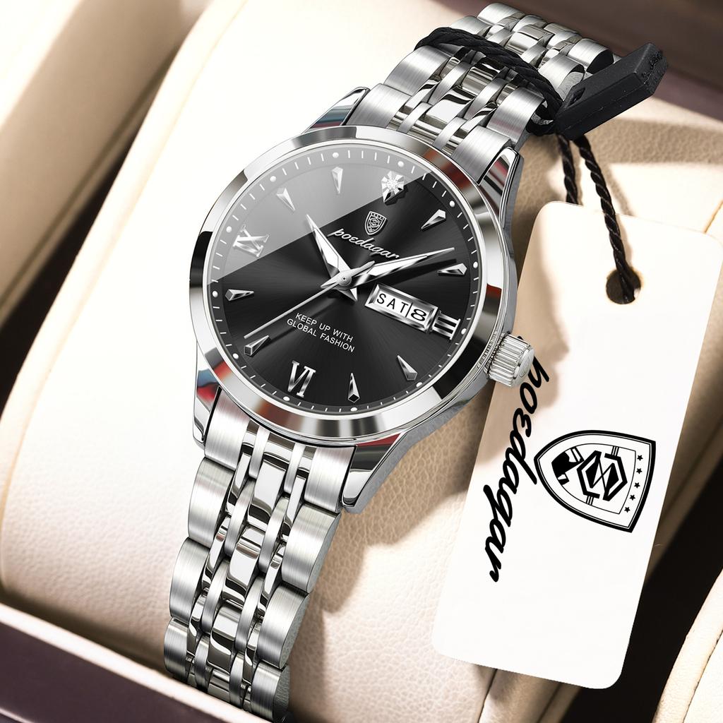POEDAGAR Original Watch for Woman Waterproof Luminous Date Week Ladies Watch Stainless Steel Quartz Watches Female