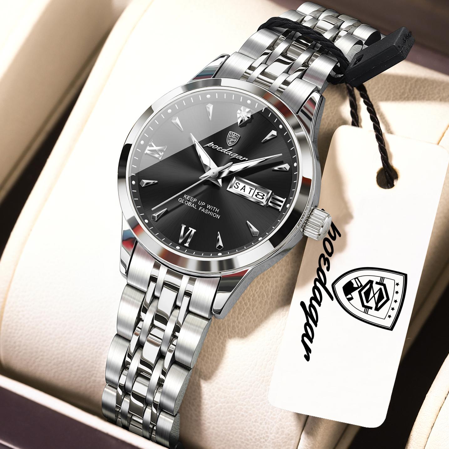 

POEDAGAR Original Watch for Woman Waterproof Luminous Date Week Ladies Watch Stainless Steel Quartz Watches Female чёрный/серебряный
