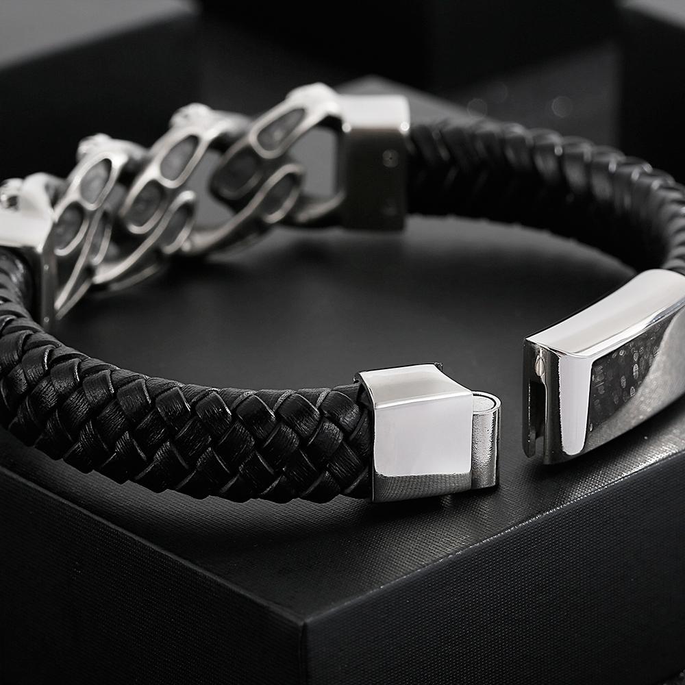Punk 316L Stainless Steel Skull Bracelet for Men Vintage Men's Braided Leather Rope Chain Wrap Bracelets Massive Male Jewelry