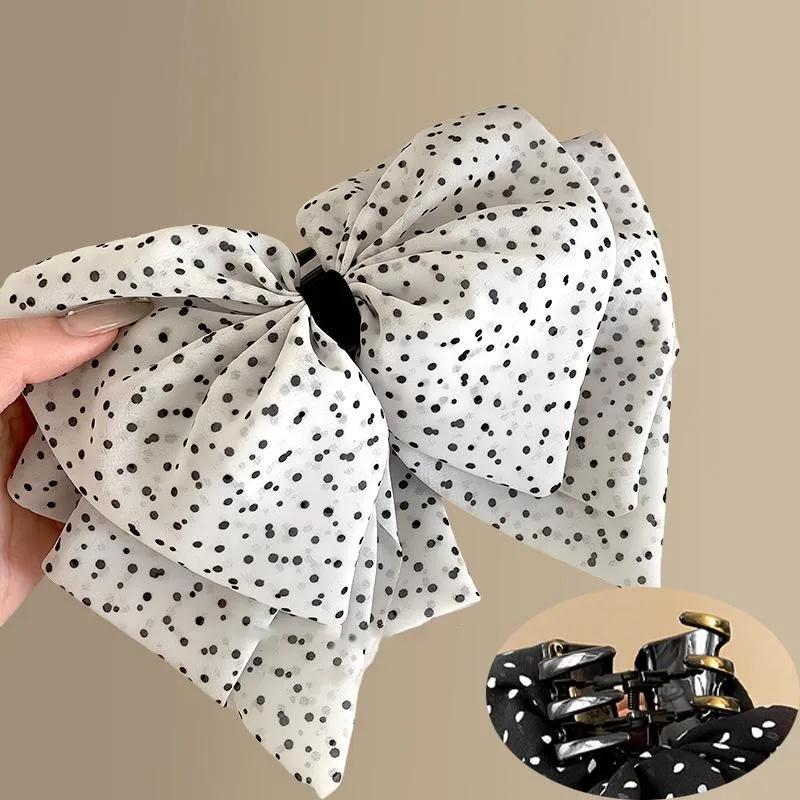 Polka Retro Dot Mesh  Big Bow Hair Clip for Woman Elegant Temperament Back of The Head Grab Clip Fashion Girl Hair Clamp