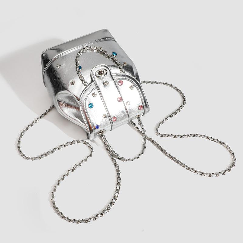 2024 Summer New Niche High-End-Style Chain Backpack Silver Fashion Backpack Rhinestone School Bag