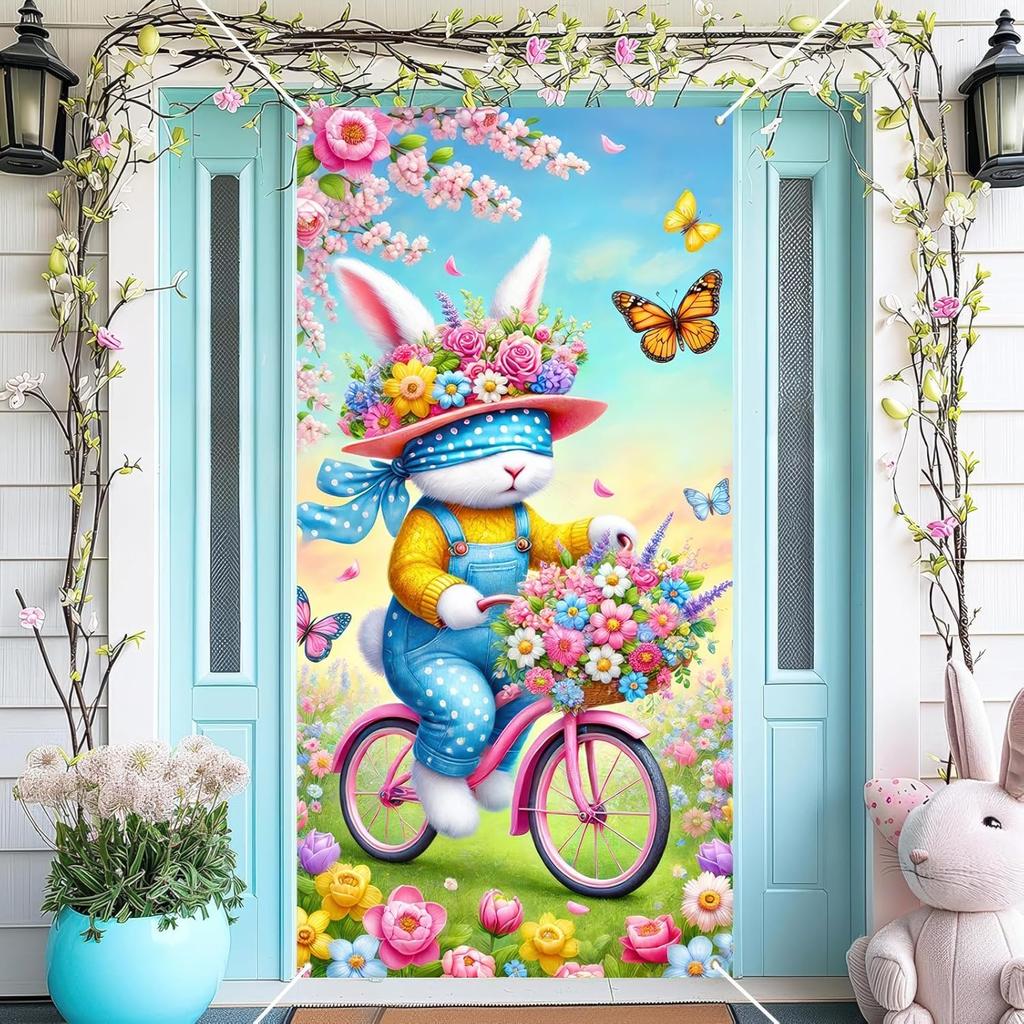 Spring Easter Door Cover 71x35 Inch Welcome Spring Door Banner Easter Bunny Door Decorative Colorful Flower Basket Rabbit Background for Spring