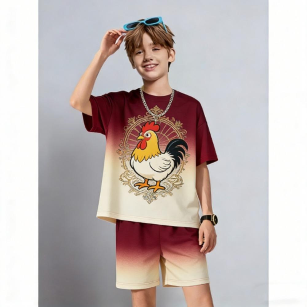 Men's Set Fun Cartoon Chicken Printed Men's T-shirt and Shorts 2 Piece Set Summer Casual Outdoor Men's and Women's Outfit Clothing