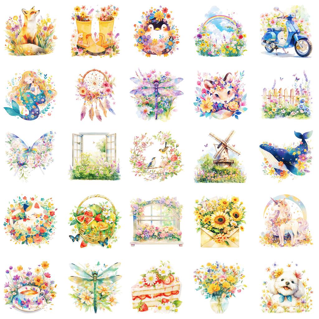 50 Watercolor Fresh Various Small Animal Stickers Notebook Mobile Phone Water Cup Waterproof Decorative Stickers