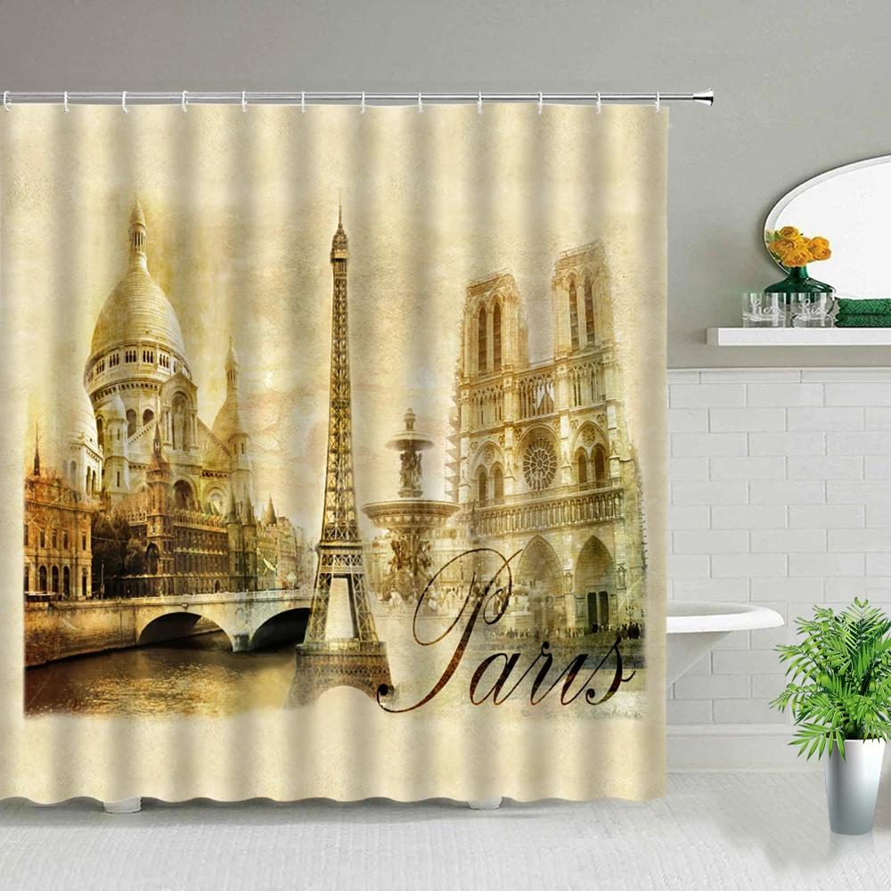 Paris Street Scenery Black And White Design Red Tram Bathroom Shower Curtain Waterproof Bathtub Home Decor Background Curtains