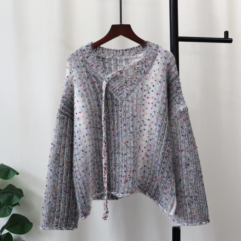 Autumn and Winter New Color Dot Design Knitted Sweater Top Soft Waxy Sequins Loose and Thin Sweater Pullover Women's Clothing