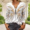 Women Plus Size Front Zip Round Neck Long Sleeve T Shirt Black Gold Galaxy Printed Top