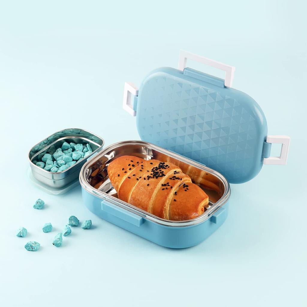 Insulated Stainless Steel Lunch Box For Kids With Leak-Proof Airtight Lid And Side Veg Box For School Or Picnic Neo Blue