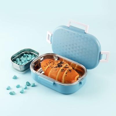 Isolierte Edelstahl-Lunchbox für Kinder mit auslaufsicherem, luftdichtem Deckel und seitlichem Gemüsefach für Schule oder Picknick Neo-Blau