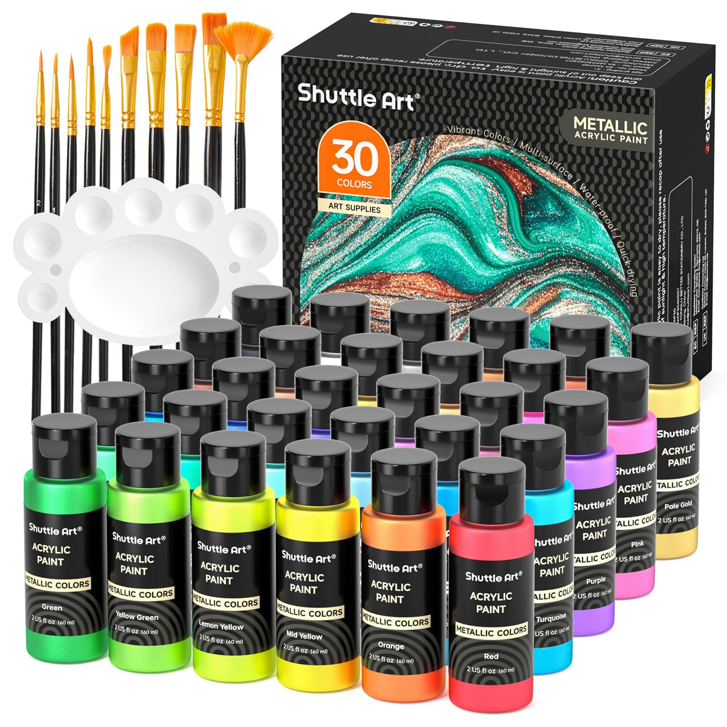 

Акрилова фарба Shuttle Art Metallic 30 Colour Set Акриловий пігмент швидковисихаючий водонепроникний міцний 60 мл 10 пензлів з палітрою підходить для дітей