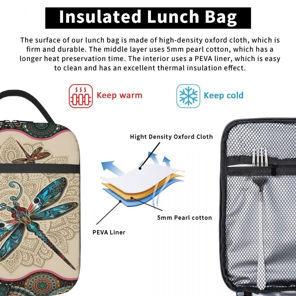 Colorful Mandala Dragonfly Insulated Lunch Bag for Women Children Portable Food Boxes Thermal Lunch Box Tote