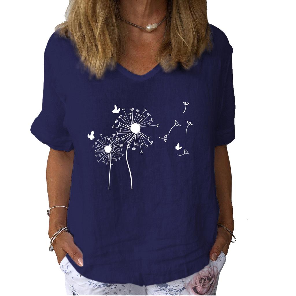 Women Fashion Linen Blouse Summer Casual Short Sleeved T-shirt Ladies Floral Print Pullover Loose Top