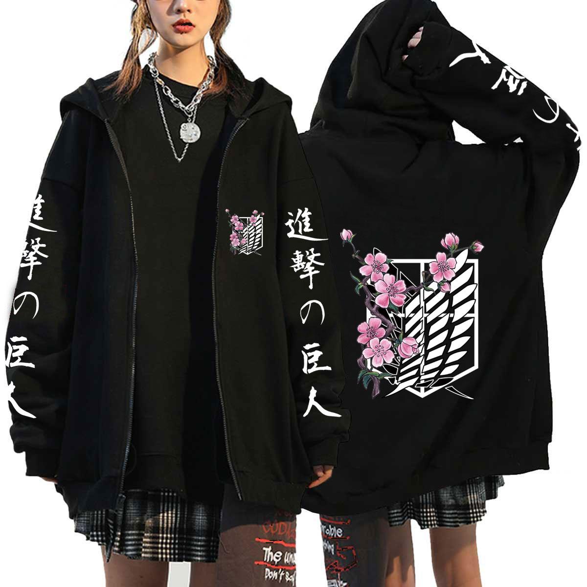 

Freedom Tsubasa Japanese Anime Attack On Titan Coat Zipper Hoodie Streetwear Shingeki No Kyojin Flower Graphic Winter Sweatshirt S чёрный
