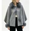 Womens Oversized Hooded Cape Coat Faux Wool Blend Winter Fall Outerwear With Fur Collar