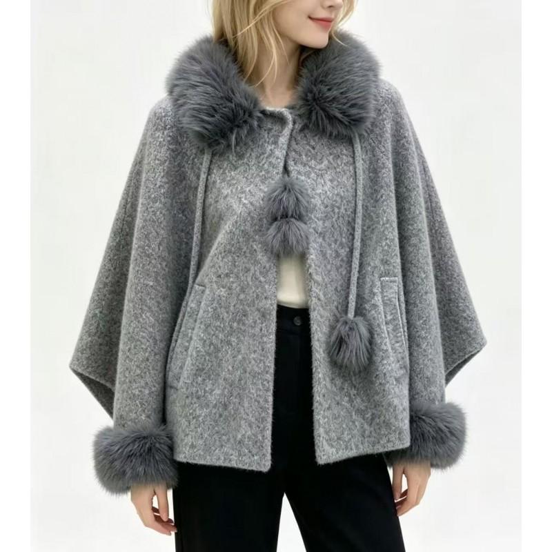Womens Oversized Hooded Cape Coat Faux Wool Blend Winter Fall Outerwear With Fur Collar