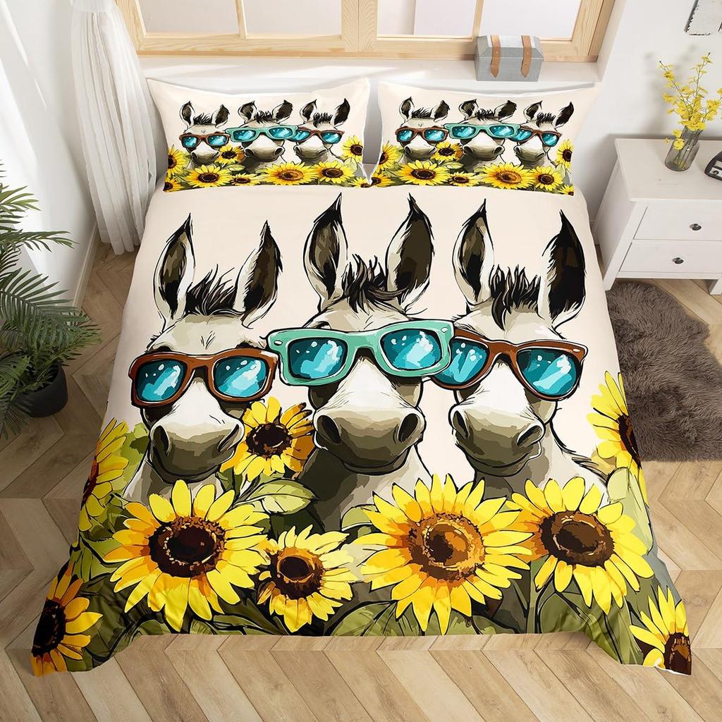 Cute Donkey Duvet Cover Rustic Barn Door Full Bedding Set Farmhouse Decor Farm Animals Comforter Cover Sunflower Flower Bed Set