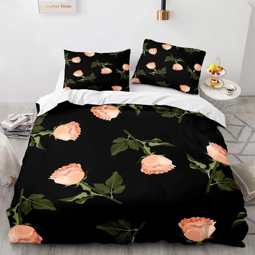 Red Flower King Queen Duvet Cover Pink Rose Bedding Set Dahlias Quilt Cover Floral Leaves White 2/3pcs Polyester Comforter Cover