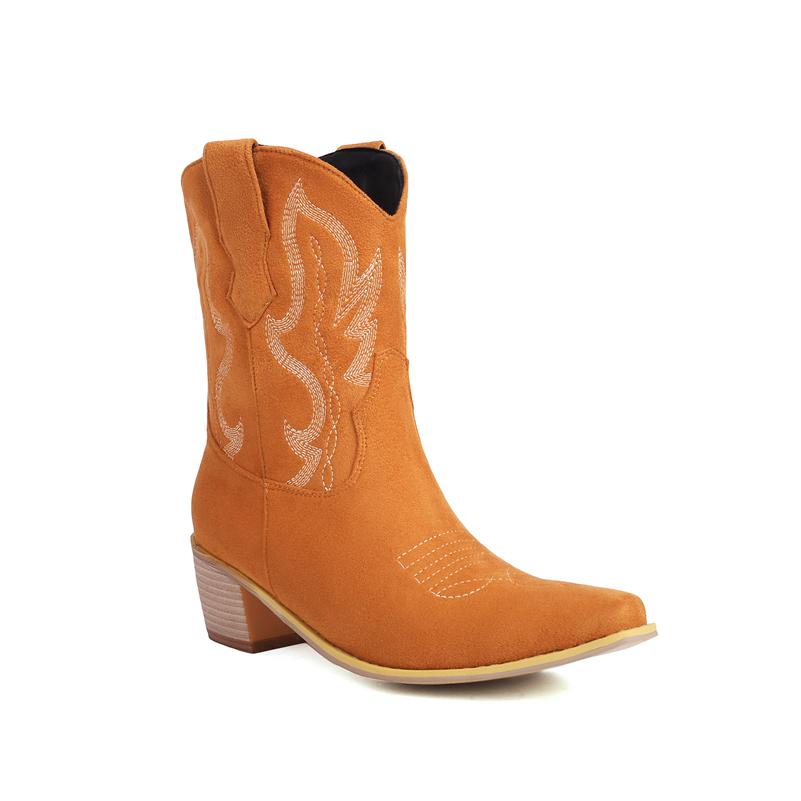 FOREADA Stivaletti da Cowboy Corti da Donna Punta Quadrata Tacco Medio Spesso Ricami Stivale da Cowgirl Occidentale Scarpe alla Moda da Donna Inverno 46