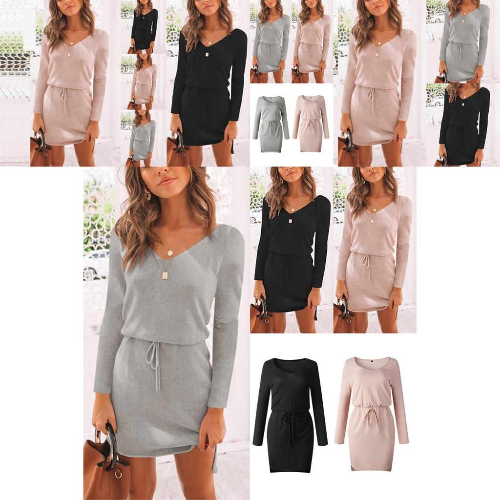 Cozy Deep V-neck Womens Knitted Jumper Sweater Dress For Autumn And Winter