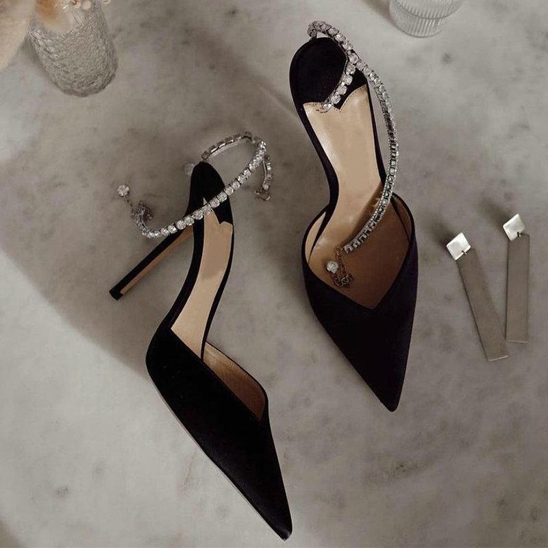 Fashion Crystal Pendant Word With Diamond Chain High Heels Europe And The United States New Pointy Thin Heel Sexy Overhead Sandals Pumps