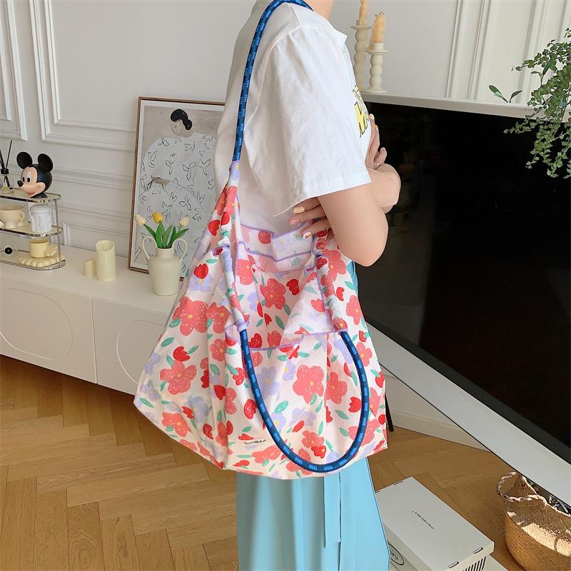 Hanfeng Summer Largecapacity Hand Carry Shoulder Bag Drawstring Shopping Bag Fresh Floral Tote Bag Underarm Bag