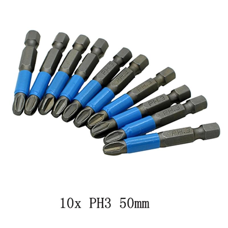 Magnetic Screwdriver Bits PH1/PH2/PH3/PZ1/PZ2/PZ3 Alloy Steel 10pcs 50mm