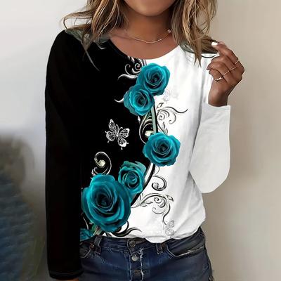 Women's Casual O-neck T-shirt Black and White Rose Print Long Sleeve T-shirt Loose Clothes Ladies Home Clothes Fashion Print