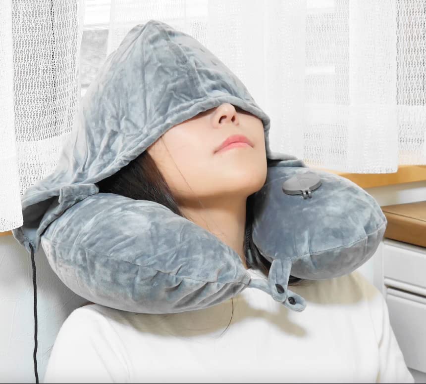 SOALINO Hooded Air Pillow, Inflatable Neck Pillow, Compact, Nap Pillow, Neck Pillow, Travel Pillow, Crystal Velvet, Air Pillow for Napping (Gray)