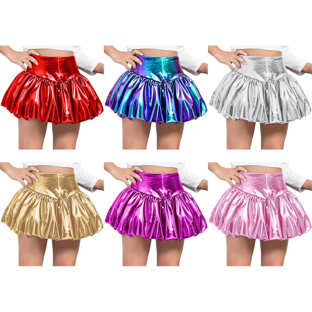 Girls Metallic Bubble Skirt Elastic Waistband Shiny Bud Skirt Sparkly Performance Costume