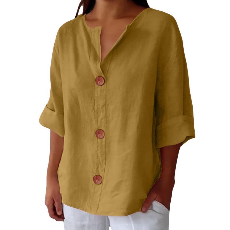 Spring and Summer New Loose T-shirt Women's V-neck Cotton and Linen Button Simple Solid Color Top